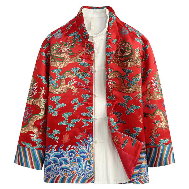 Buddha Stones Capodanno cinese Drago Ricamo Nuvole di buon auspicio Rana-bottoni Tang Suit Giacca Camicia da uomo - Rosso - US/UK/AU44, EU54 (4XL) - image 0