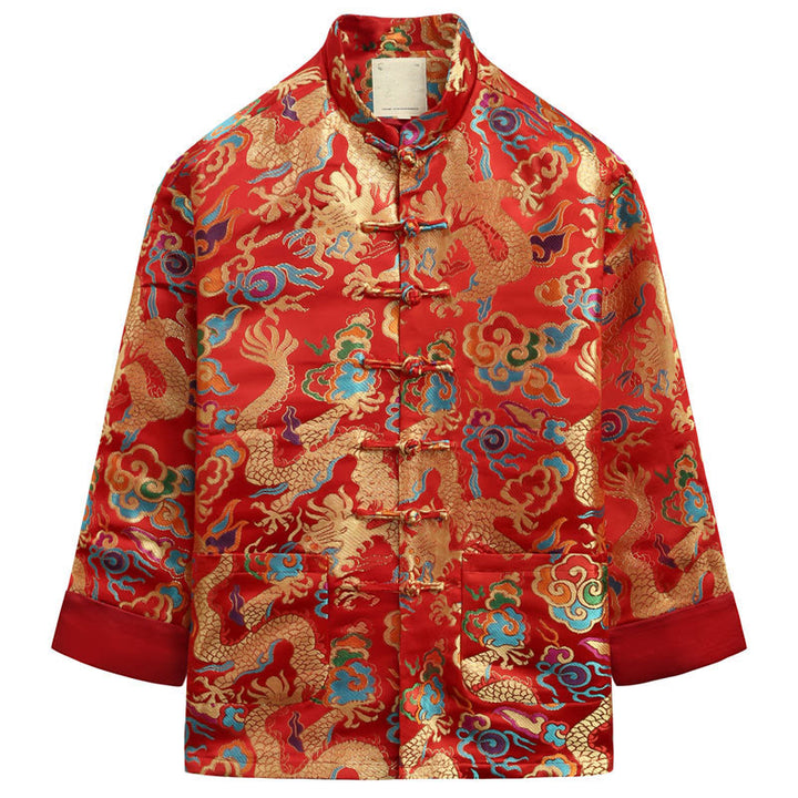 Buddha Stones Capodanno cinese Drago Ricamo Nuvole di buon auspicio Rana-bottoni Tang Suit Giacca Camicia da uomo - Cremisi - US/UK/AU44, EU54 (4XL) - image 16