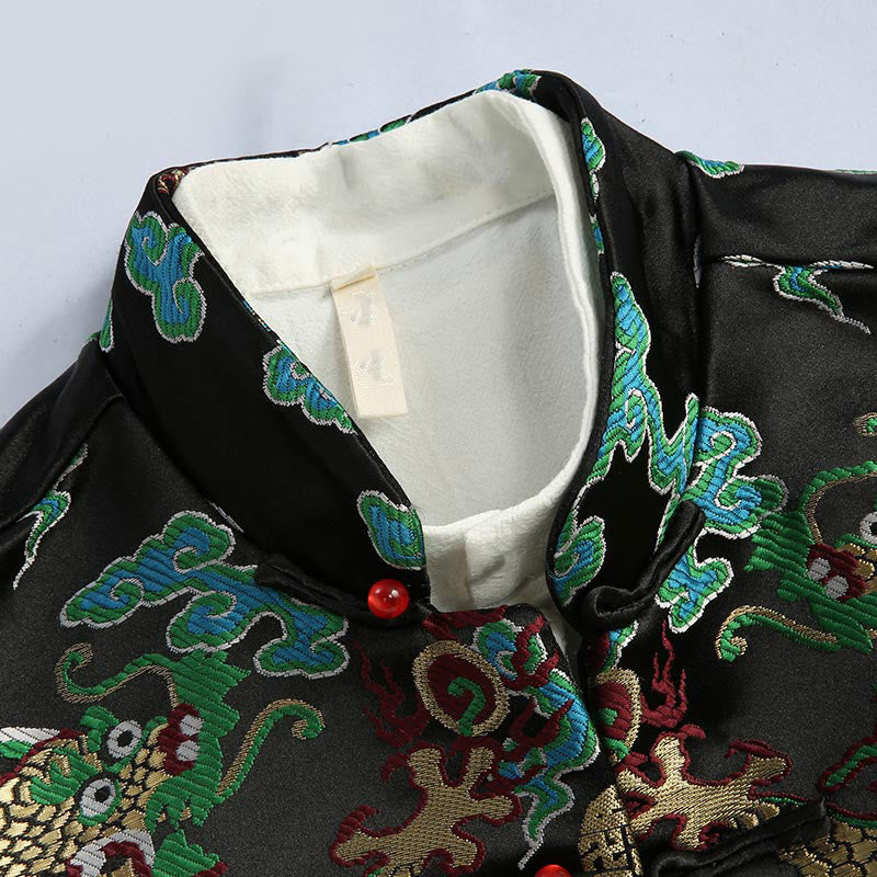 Buddha Stones Capodanno cinese Drago Ricamo Nuvole di buon auspicio Rana-bottoni Tang Suit Giacca Camicia da uomo - image 14