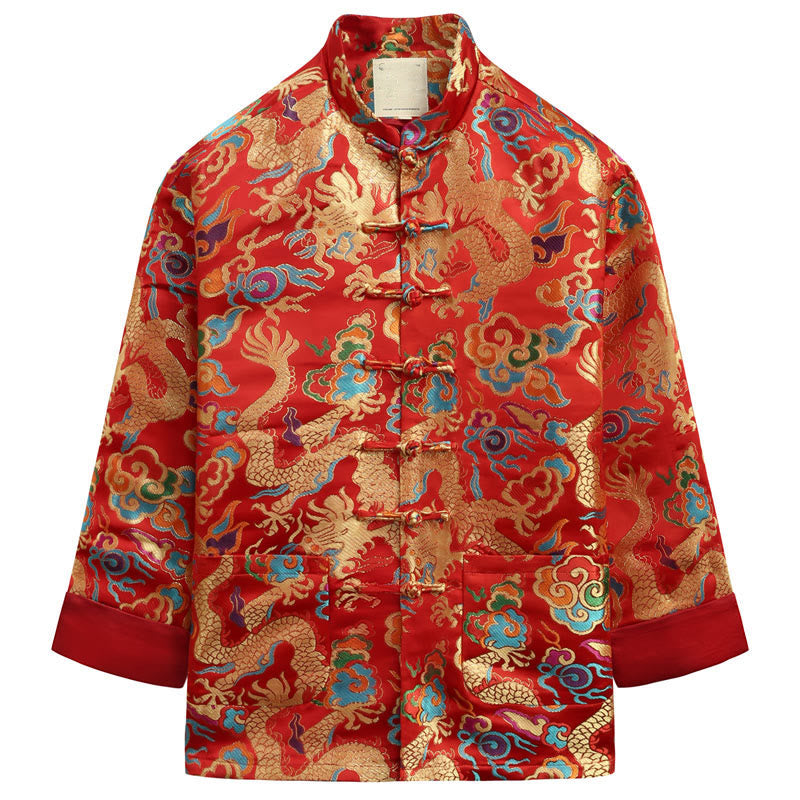 Buddha Stones Capodanno cinese Drago Ricamo Nuvole di buon auspicio Rana-bottoni Tang Suit Giacca Camicia da uomo - Cremisi - US/UK/AU44, EU54 (4XL) - image 16