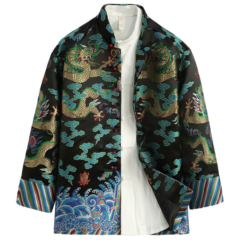 Buddha Stones Capodanno cinese Drago Ricamo Nuvole di buon auspicio Rana-bottoni Tang Suit Giacca Camicia da uomo - Nero - US/UK/AU44, EU54 (4XL) - image 12