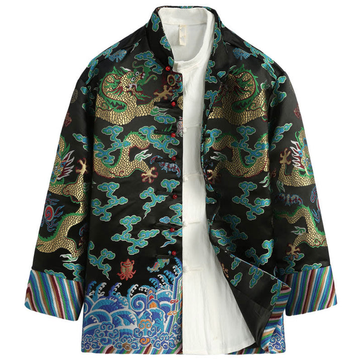 Buddha Stones Capodanno cinese Drago Ricamo Nuvole di buon auspicio Rana-bottoni Tang Suit Giacca Camicia da uomo - Nero - US/UK/AU44, EU54 (4XL) - image 12