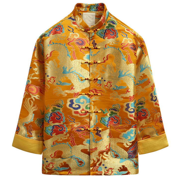 Buddha Stones Capodanno cinese Drago Ricamo Nuvole di buon auspicio Rana-bottoni Tang Suit Giacca Camicia da uomo - Verga d'oro - US/UK/AU44, EU54 (4XL) - image 17