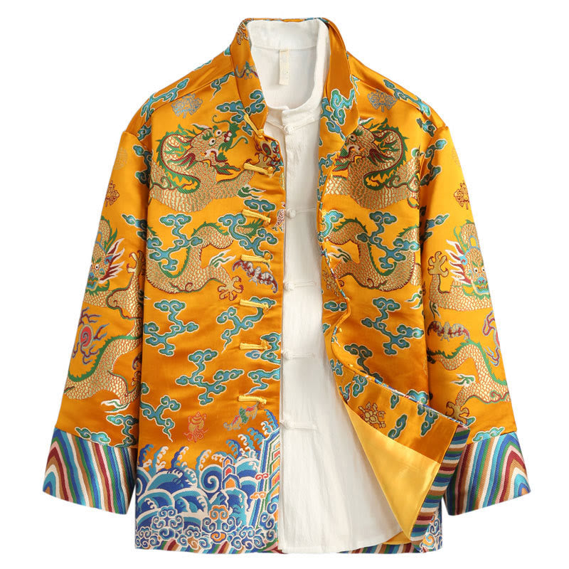 Buddha Stones Capodanno cinese Drago Ricamo Nuvole di buon auspicio Rana-bottoni Tang Suit Giacca Camicia da uomo - Oro - US/UK/AU44, EU54 (4XL) - image 2