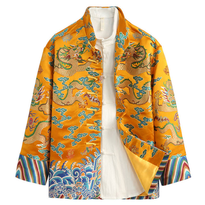 Buddha Stones Capodanno cinese Drago Ricamo Nuvole di buon auspicio Rana-bottoni Tang Suit Giacca Camicia da uomo - Oro - US/UK/AU44, EU54 (4XL) - image 2