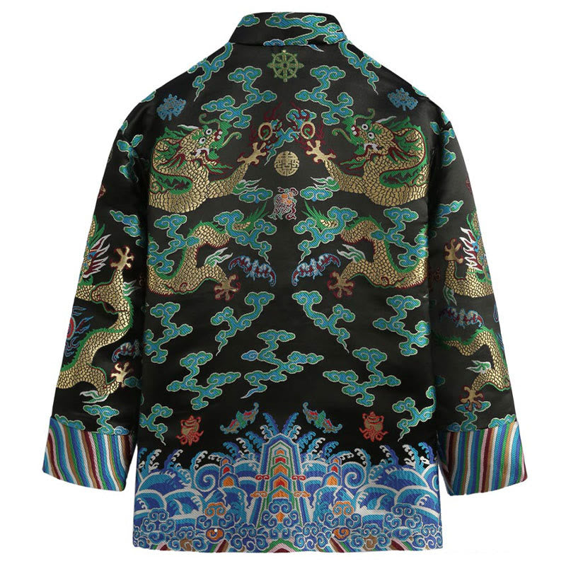 Buddha Stones Capodanno cinese Drago Ricamo Nuvole di buon auspicio Rana-bottoni Tang Suit Giacca Camicia da uomo