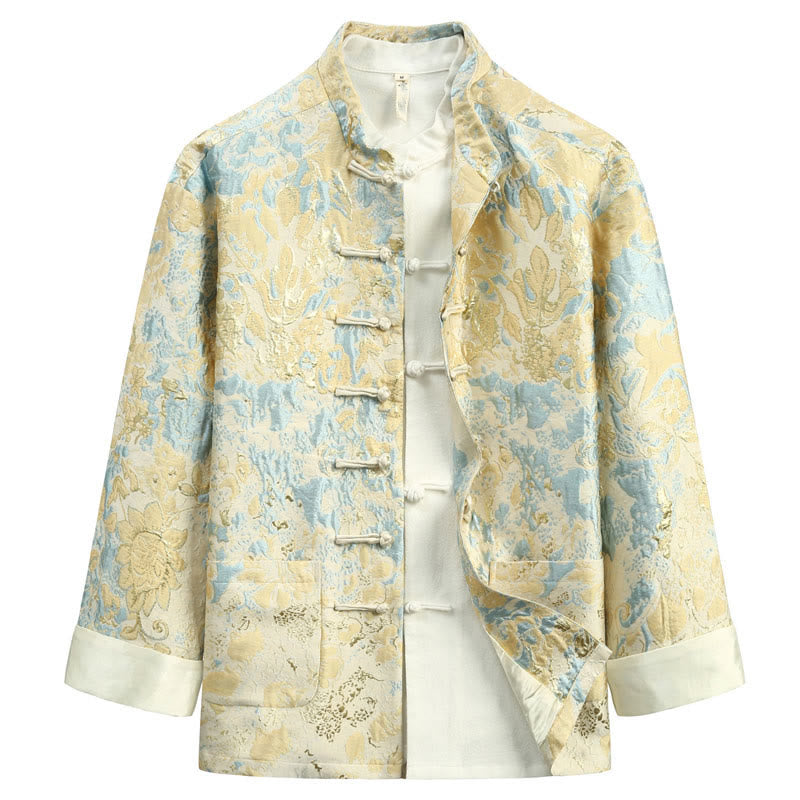 Giacca da uomo in jacquard con bottoni a forma di rana, con tasche, per abito cinese, motivo Buddha Stones - Giallo chiaro verga d'oro - US/UK/AU44, EU54 (4XL) - image 0