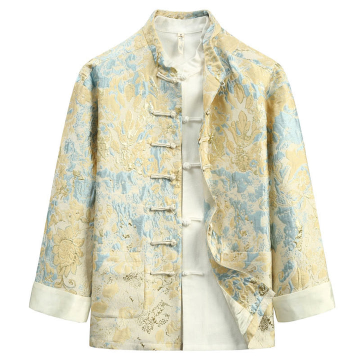 Giacca da uomo in jacquard con bottoni a forma di rana, con tasche, per abito cinese, motivo Buddha Stones - Giallo chiaro verga d'oro - US/UK/AU44, EU54 (4XL) - image 0