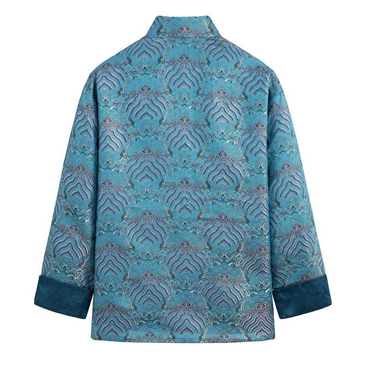 Buddha Stones in damasco jacquard con bottoni a forma di rana, motivo acqua di mare, camicia con tasche, abito da uomo
