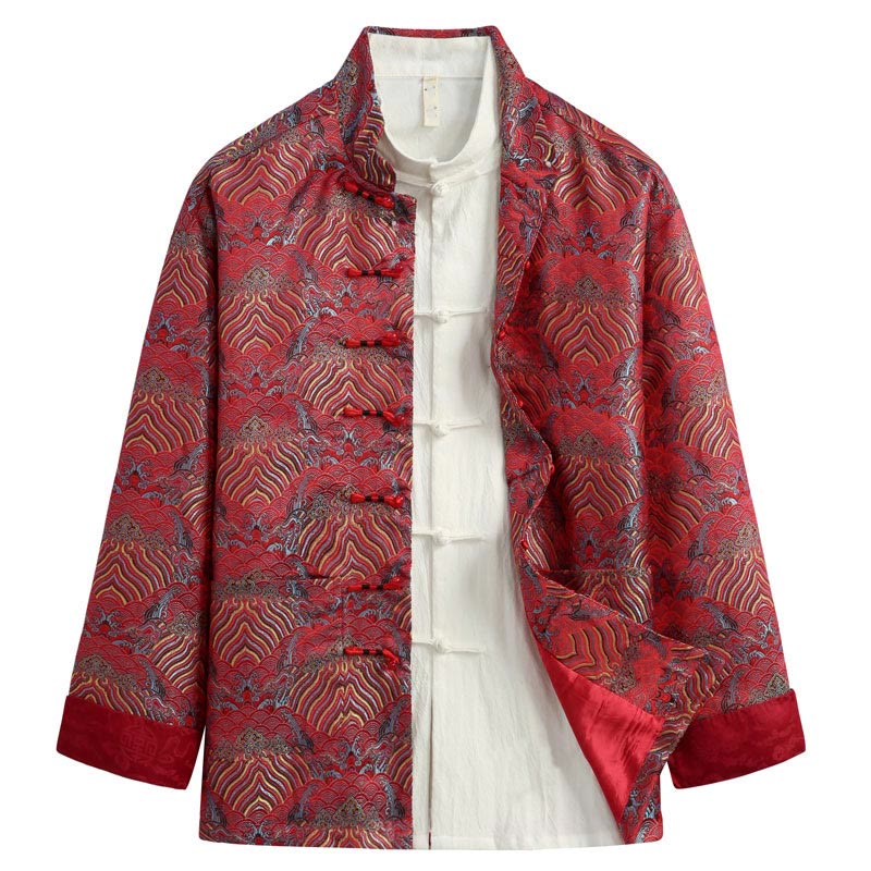Buddha Stones in damasco jacquard con bottoni a forma di rana, motivo acqua di mare, camicia con tasche, abito da uomo - Cremisi - US/UK/AU44, EU54 (4XL) - image 0
