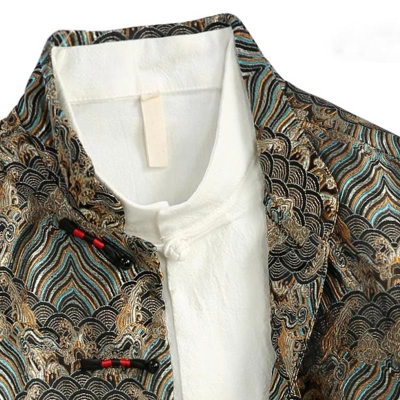 Buddha Stones in damasco jacquard con bottoni a forma di rana, motivo acqua di mare, camicia con tasche, abito da uomo - image 8