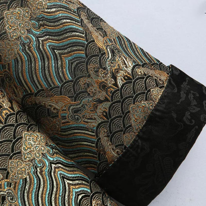 Buddha Stones in damasco jacquard con bottoni a forma di rana, motivo acqua di mare, camicia con tasche, abito da uomo