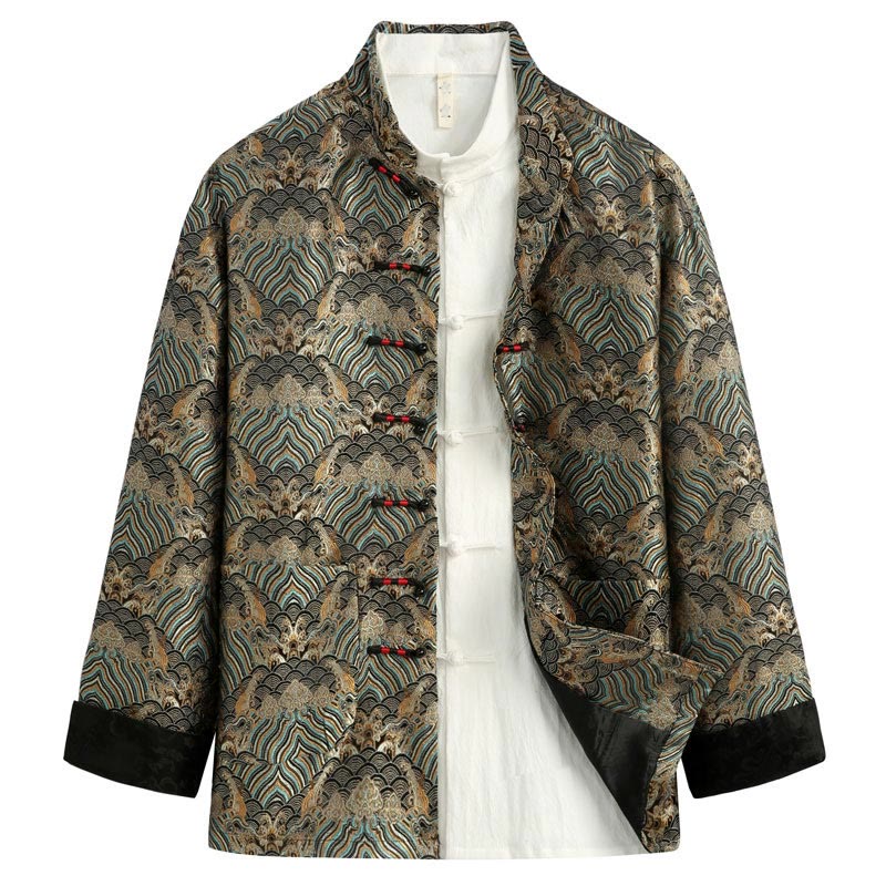 Buddha Stones in damasco jacquard con bottoni a forma di rana, motivo acqua di mare, camicia con tasche, abito da uomo - Verde oliva - US/UK/AU44, EU54 (4XL) - image 6