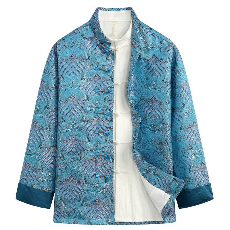 Buddha Stones in damasco jacquard con bottoni a forma di rana, motivo acqua di mare, camicia con tasche, abito da uomo - Blu profondo - US/UK/AU44, EU54 (4XL) - image 4