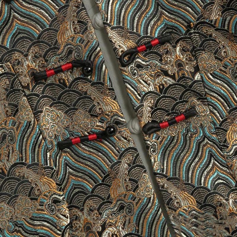 Buddha Stones in damasco jacquard con bottoni a forma di rana, motivo acqua di mare, camicia con tasche, abito da uomo