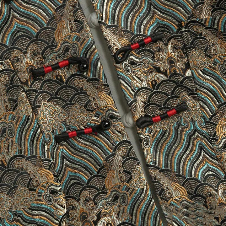 Buddha Stones in damasco jacquard con bottoni a forma di rana, motivo acqua di mare, camicia con tasche, abito da uomo