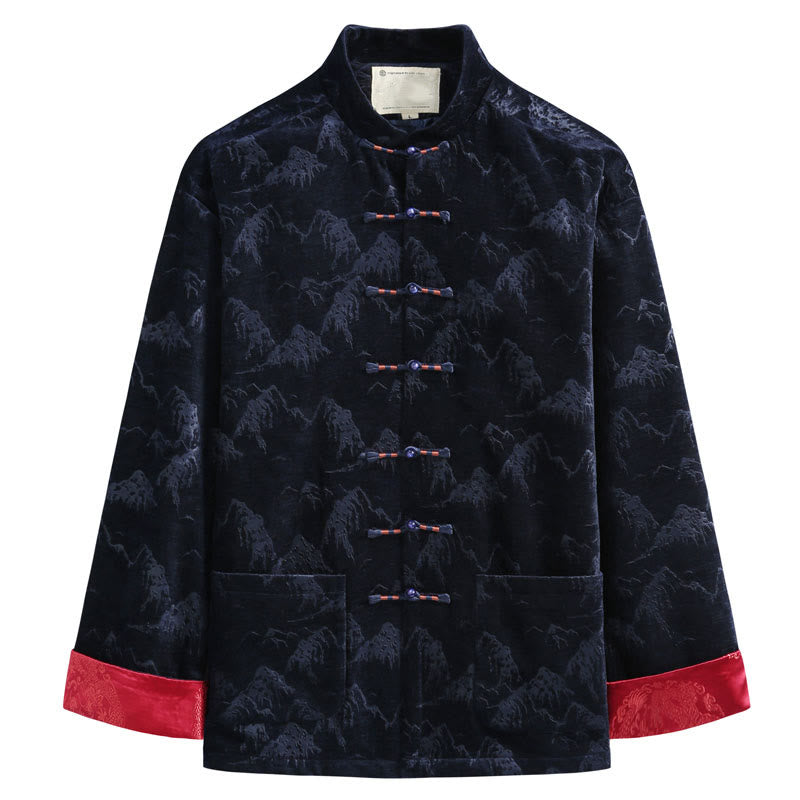 Giacca da uomo con camicia e tasche, realizzata a mano, con bottoni a forma di rana, motivo Buddha Stones, capodanno cinese, paesaggio - Blu notte - US/UK/AU44, EU54 (4XL) - image 4