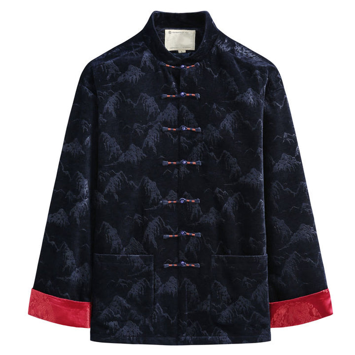 Giacca da uomo con camicia e tasche, realizzata a mano, con bottoni a forma di rana, motivo Buddha Stones, capodanno cinese, paesaggio - Blu notte - US/UK/AU44, EU54 (4XL) - image 4