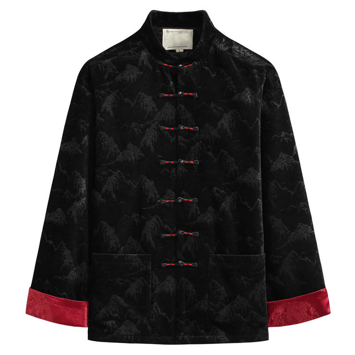 Giacca da uomo con camicia e tasche, realizzata a mano, con bottoni a forma di rana, motivo Buddha Stones, capodanno cinese, paesaggio - Nero - US/UK/AU44, EU54 (4XL) - image 2