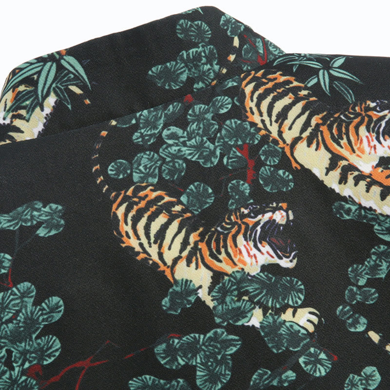 Buddha Stones Capodanno cinese Foresta Tigre Polsino rosso Rana-bottoni Tang Suit Giacca camicia da uomo con tasche