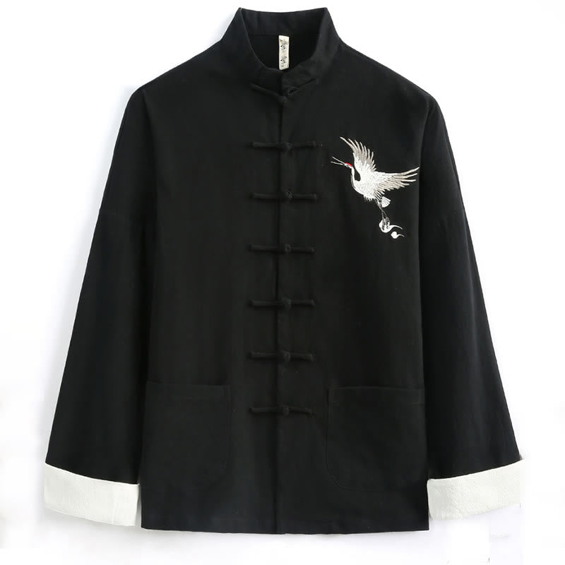 Buddha Stones Capodanno cinese Gru ricamo Tang Suit Hanfu manica lunga Top Pantaloni Abbigliamento cotone lino uomo set con tasche - image 1