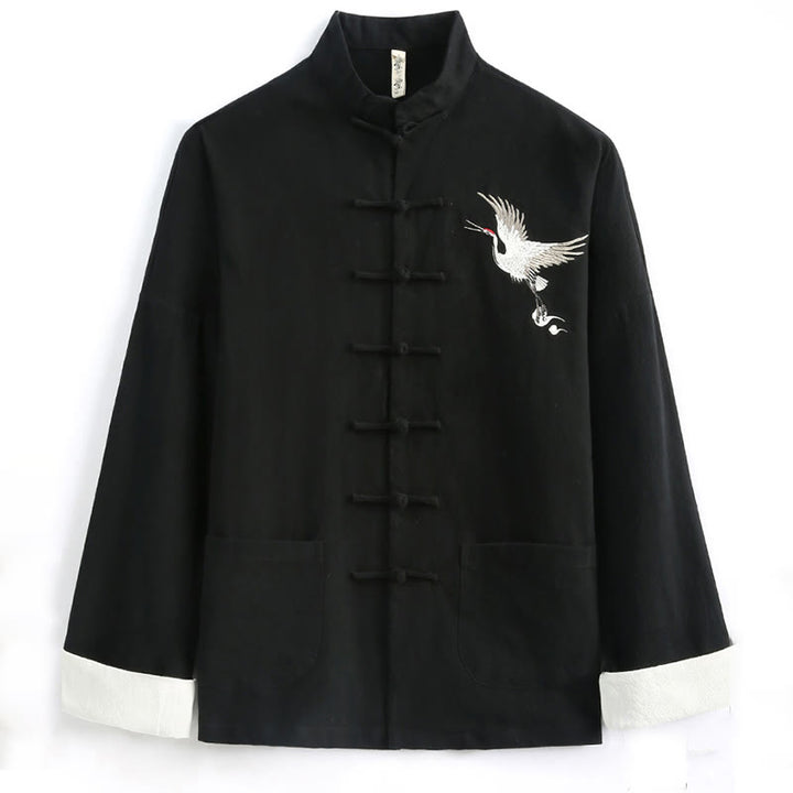 Buddha Stones Capodanno cinese Gru ricamo Tang Suit Hanfu manica lunga Top Pantaloni Abbigliamento cotone lino uomo set con tasche - image 1