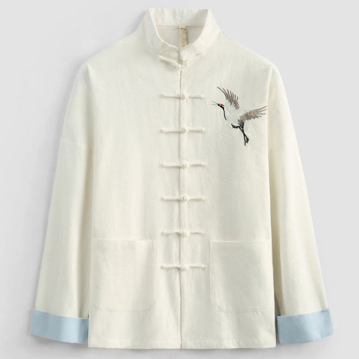 Buddha Stones Capodanno cinese Gru ricamo Tang Suit Hanfu manica lunga Top Pantaloni Abbigliamento cotone lino uomo set con tasche - image 5