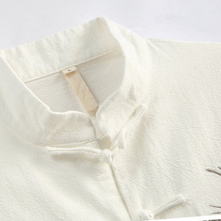 Buddha Stones Capodanno cinese Gru ricamo Tang Suit Hanfu manica lunga Top Pantaloni Abbigliamento cotone lino uomo set con tasche - image 7