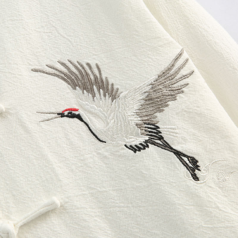 Buddha Stones Capodanno cinese Gru ricamo Tang Suit Hanfu manica lunga Top Pantaloni Abbigliamento cotone lino uomo set con tasche - image 8