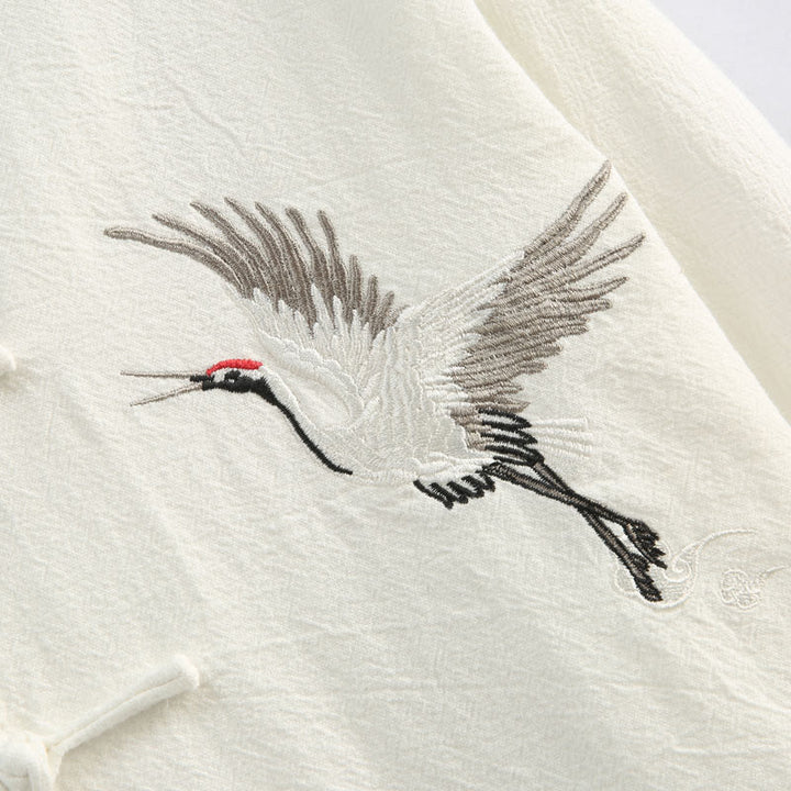 Buddha Stones Capodanno cinese Gru ricamo Tang Suit Hanfu manica lunga Top Pantaloni Abbigliamento cotone lino uomo set con tasche - image 8