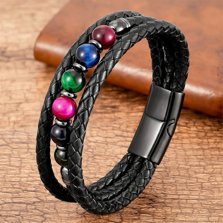 Braccialetto in pelle positivo con perline di onice nero e occhio di tigre Buddha Stones Lava Rock Ematite - Occhio di tigre multicolore - 18-22 cm - image 5