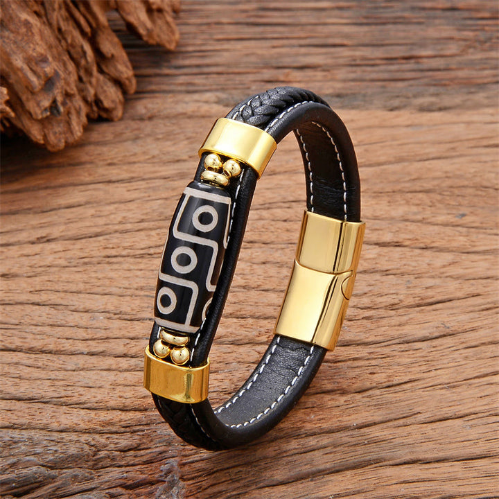Braccialetto con fibbia in pelle con perline Dzi a nove occhi tibetani Buddha Stones - Oro - 18-22 cm - image 2