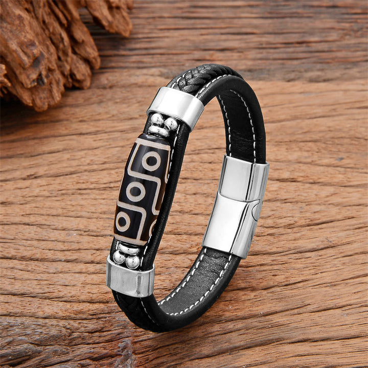 Braccialetto con fibbia in pelle con perline Dzi a nove occhi tibetani Buddha Stones - Argento - 18-22 cm - image 4