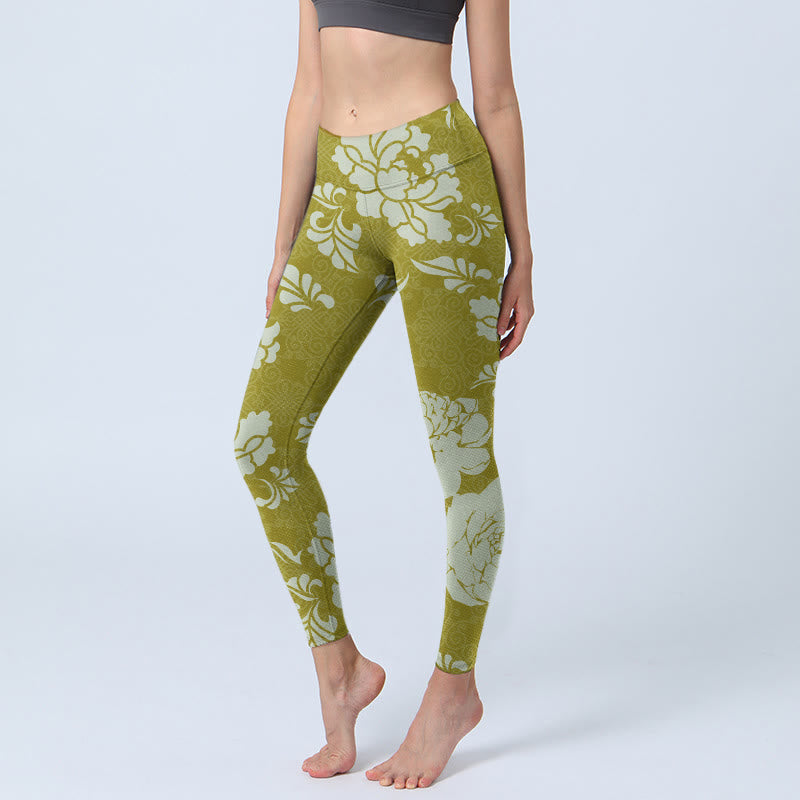 Leggings da palestra con stampa di fiori monocromatici Buddha Stones, pantaloni da yoga da donna - GialloVerde - US18, UK/AU22, EU50 (4XL) - image 1