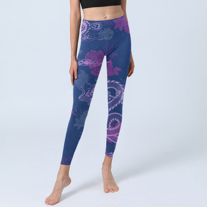 Leggings da palestra con stampa di fiori di drago e fenice viola Buddha Stones da donna - image 6