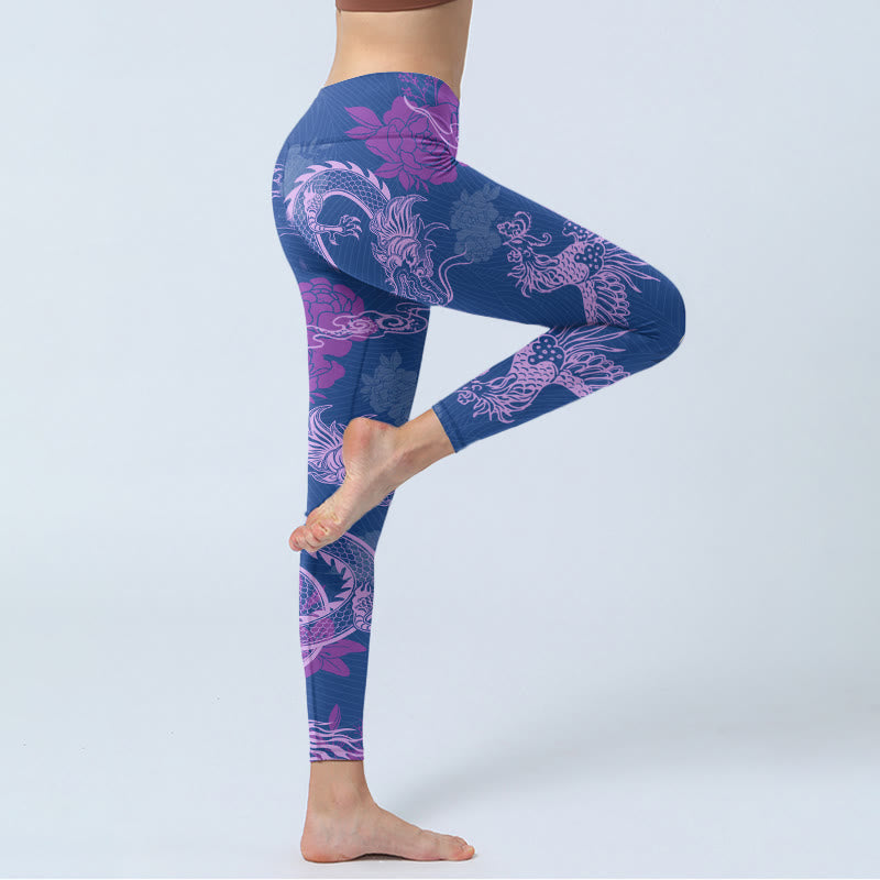 Leggings da palestra con stampa di fiori di drago e fenice viola Buddha Stones da donna - image 4
