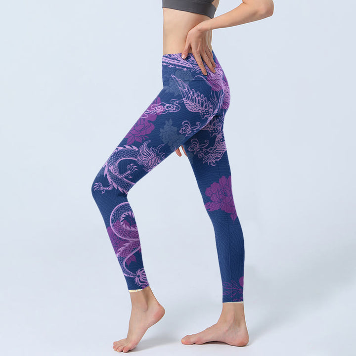 Leggings da palestra con stampa di fiori di drago e fenice viola Buddha Stones da donna - image 3