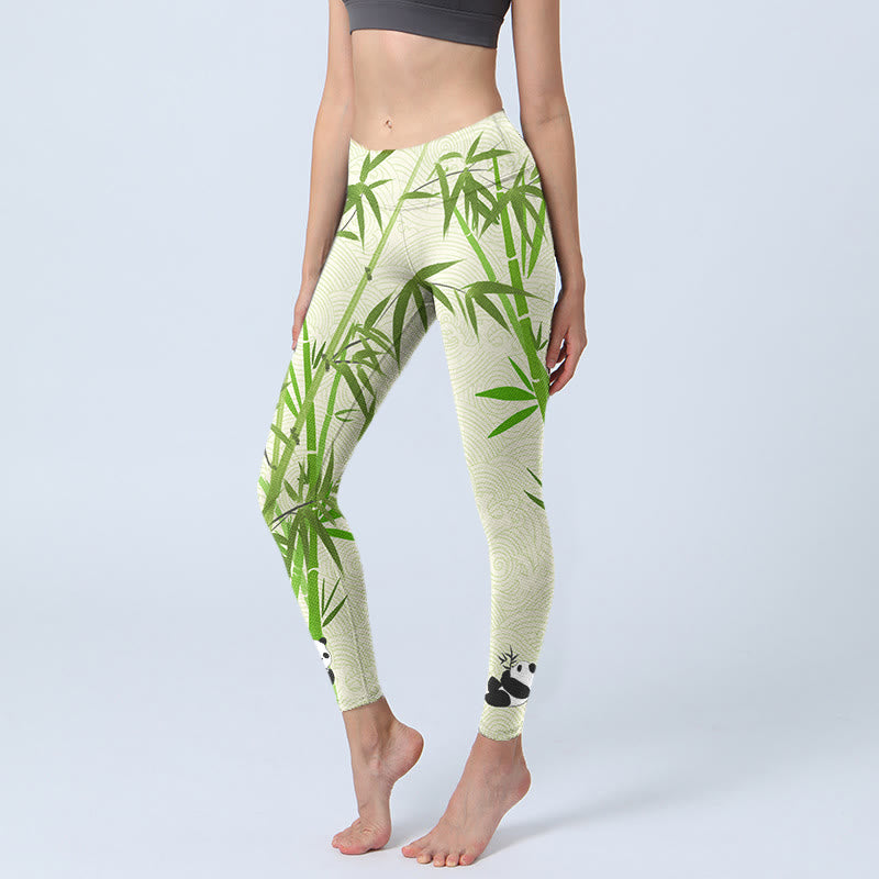 Leggings da palestra con stampa Buddha Stones Lush Bamboo Panda Auspicious Cloud Waves Pantaloni da yoga da donna - Verde pallido - US18, UK/AU22, EU50 (4XL) - image 1
