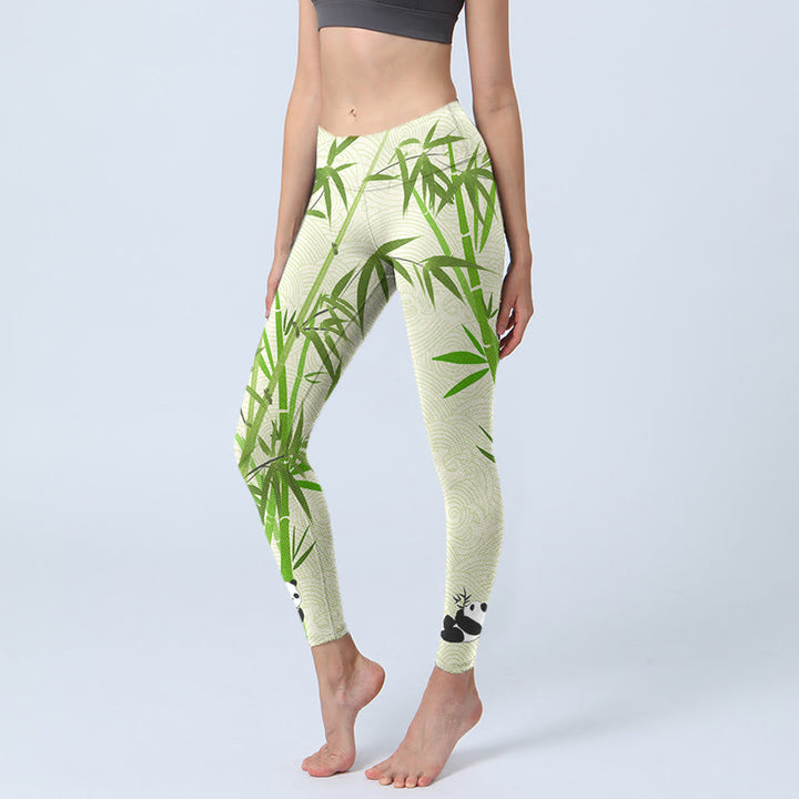 Leggings da palestra con stampa Buddha Stones Lush Bamboo Panda Auspicious Cloud Waves Pantaloni da yoga da donna - Verde pallido - US18, UK/AU22, EU50 (4XL) - image 1