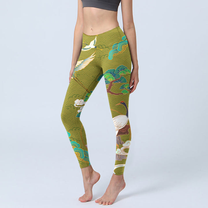 Buddha Stones Flying Cranes Auspicious Clouds Trees Stampa Leggings da palestra Pantaloni da yoga da donna - Verde oliva - US18, UK/AU22, EU50 (4XL) - image 0