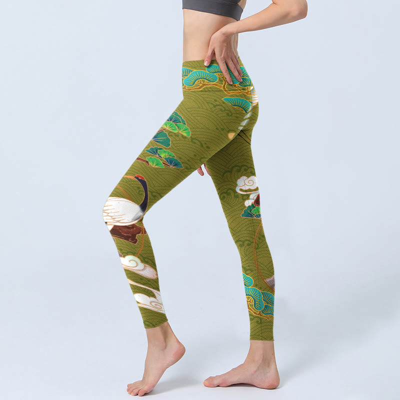 Buddha Stones Flying Cranes Auspicious Clouds Trees Stampa Leggings da palestra Pantaloni da yoga da donna - image 3