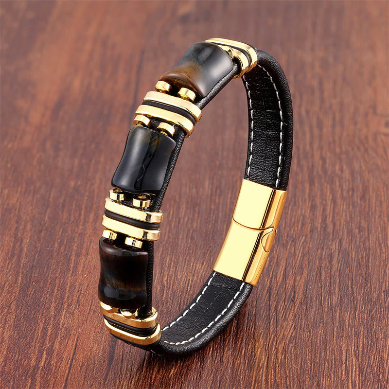 Braccialetto in pelle con tre pietre di bambù e occhio di tigre Buddha Stones - Occhio di tigre giallo-nero-oro - 18-22 cm - image 8
