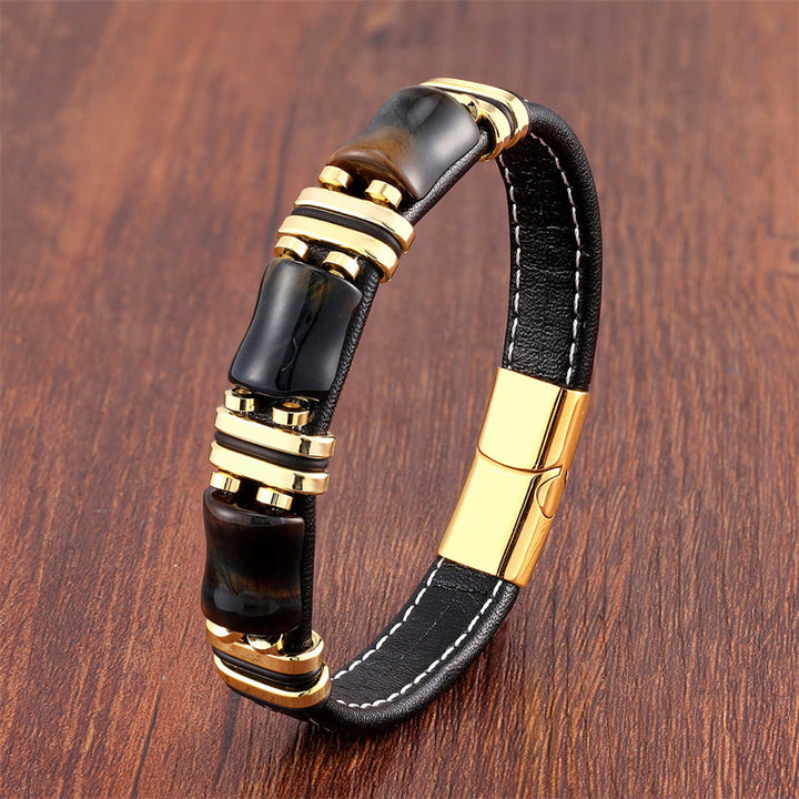 Braccialetto in pelle con tre pietre di bambù e occhio di tigre Buddha Stones - Occhio di tigre giallo-nero-oro - 18-22 cm - image 8