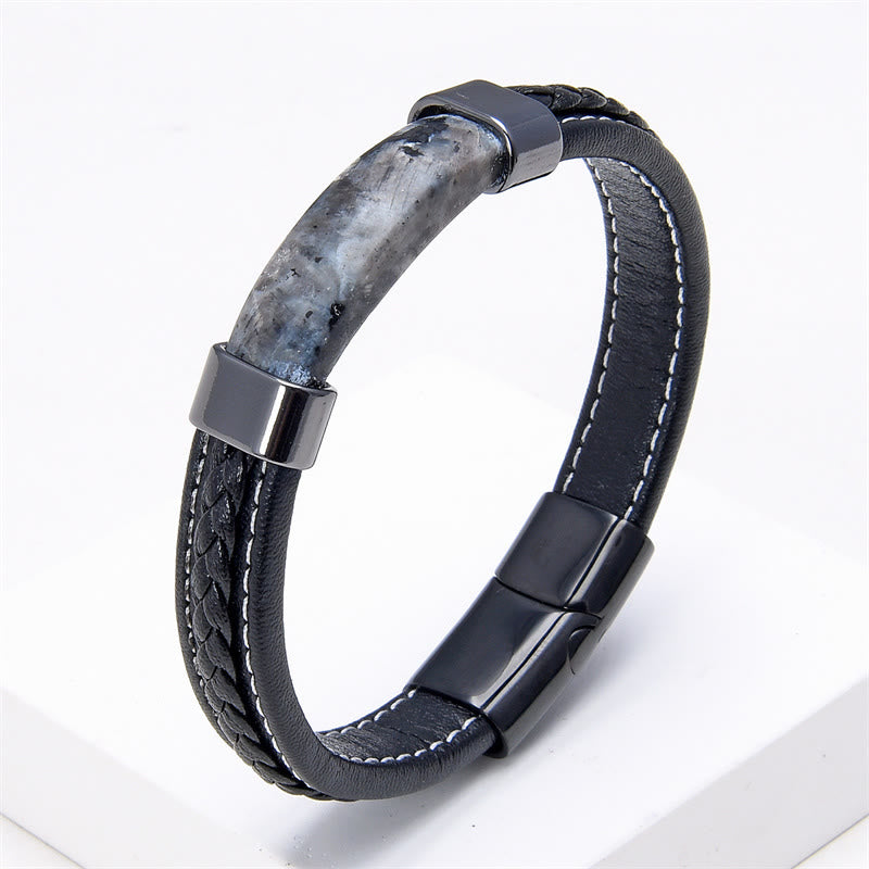 Bracciale in pelle con Buddha Stones, lazurite, occhio di tigre, rodonite, ematite, onice nero - Pietra nera glitterata - 18-22 cm - image 14