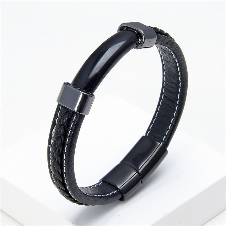 Bracciale in pelle con Buddha Stones, lazurite, occhio di tigre, rodonite, ematite, onice nero - Onice nero - 18-22 cm - image 12