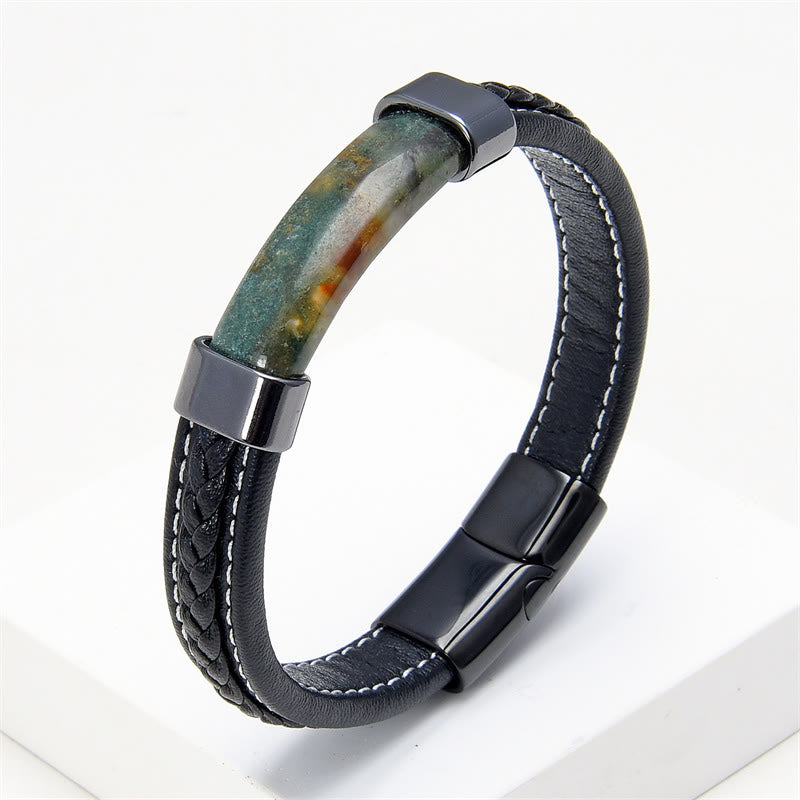Bracciale in pelle con Buddha Stones, lazurite, occhio di tigre, rodonite, ematite, onice nero - Agata verde - 18-22 cm - image 16
