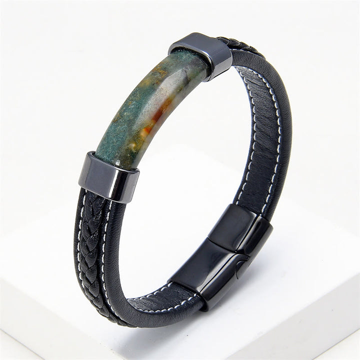 Bracciale in pelle con Buddha Stones, lazurite, occhio di tigre, rodonite, ematite, onice nero - Agata verde - 18-22 cm - image 16