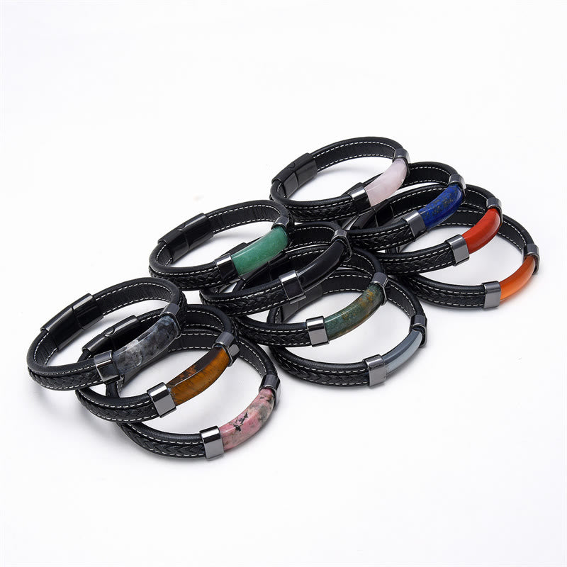 Bracciale in pelle con Buddha Stones, lazurite, occhio di tigre, rodonite, ematite, onice nero - image 2