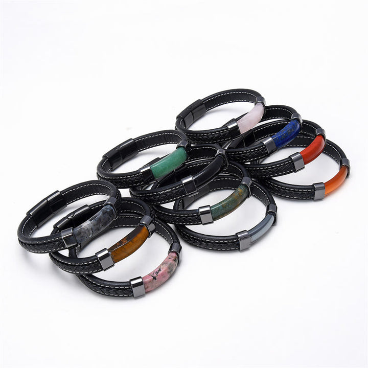 Bracciale in pelle con Buddha Stones, lazurite, occhio di tigre, rodonite, ematite, onice nero - image 2