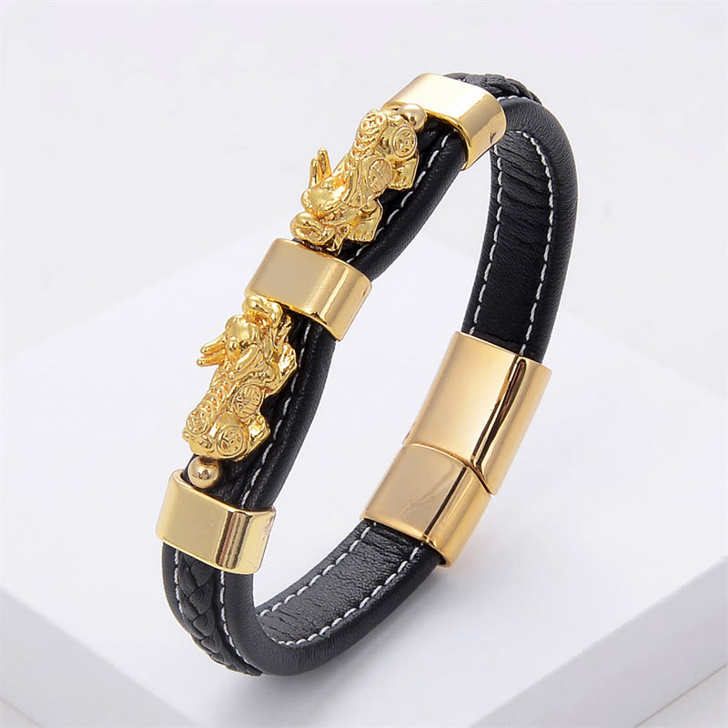 Braccialetto con fibbia magnetica in pelle Buddha Stones e doppio PiXiu Wealth Luck - PiXiu d'oro - 18-22 cm - image 1